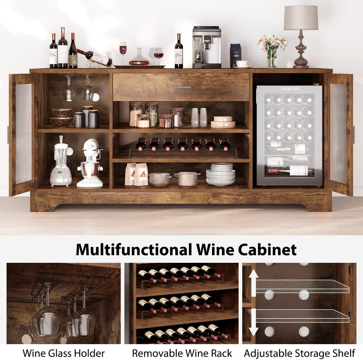 HSH Bar Cabinet with Mini Fridge Space, 70.9” Large Wood Wine Cabinet with Cooler Space, Farmhouse Long Liquor Cabinet with Drawer Storage, Metal Sideboard Buffet for Kitchen Dining Room, Rustic Brown HSH