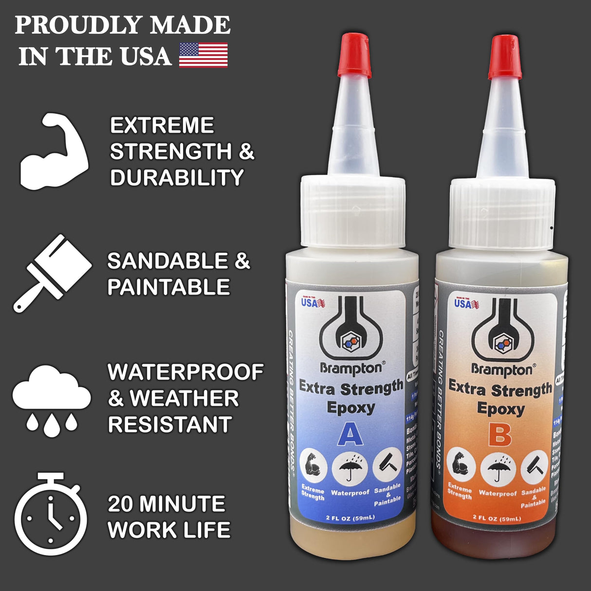 Brampton Extra Strength Epoxy - 20 Minute Work Life - Extra Strength Epoxy Glue Kit for Metal, Wood, Ceramic, Glass, Stone, Tile, and Most Plastics - Waterproof, Sandable, and Paintable (4 oz Kit) BRAMPTON TECHNOLOGY, LTD.