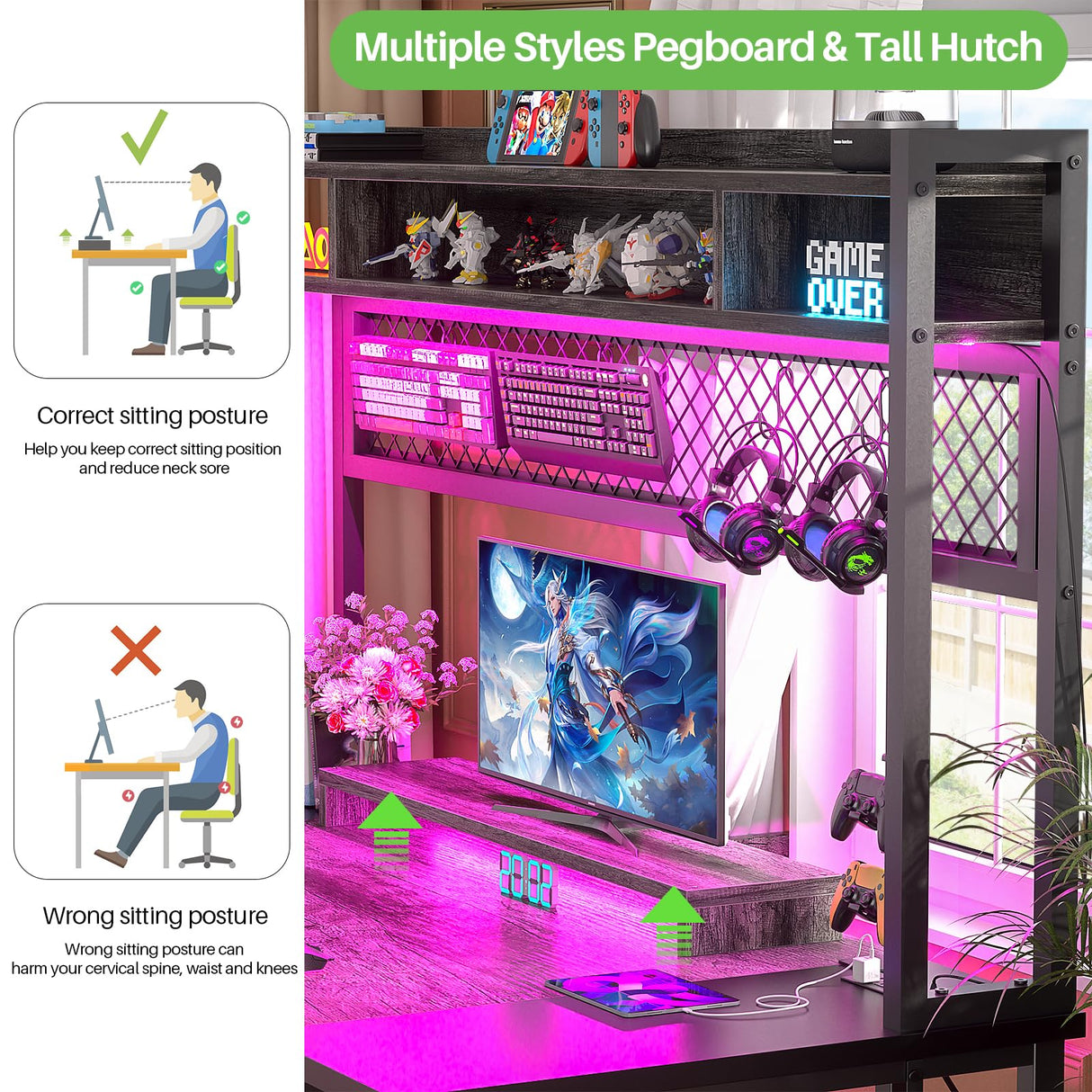 iSunirm 48 Gaming Desk with Hutch, Large Computer Desk with LED and Charging Station, Home Office Desk with Pegboard, Power Outlet, Storage and Monitor Stand, 48'' Gamer Desk PC Table, Grey iSunirm