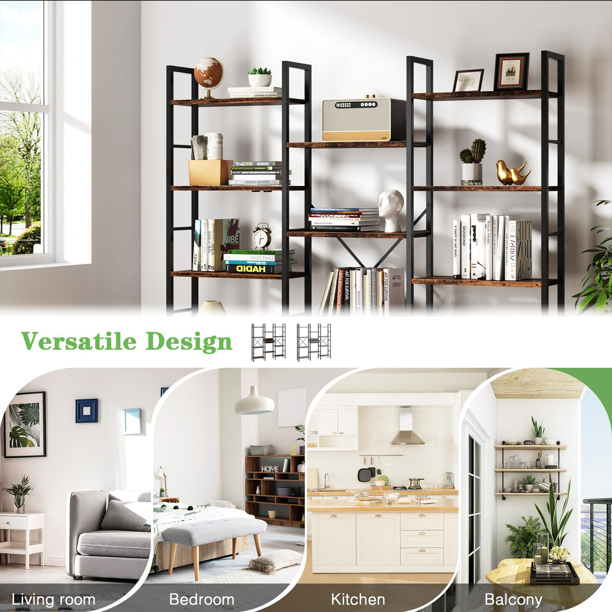 Meilocar Triple Wide 5 Tier Bookshelf, Book Shelf with 14 Open Display Shelves, Free Standing Bookcase with Adjustable Shelves for Home Office, Living Room, Bedroom, Rustic Brown Meilocar