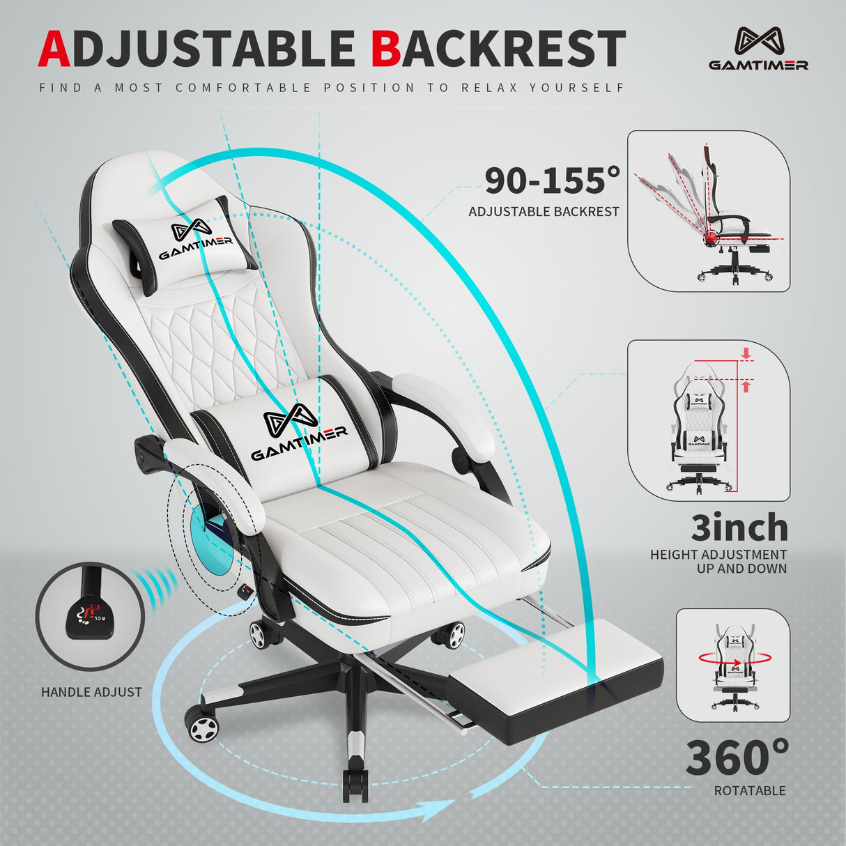 Gamtimer Gaming Chair, Computer Office Chair with Footrest, 155° Reclining Chair, Ergonomic High Back Computer Chair with Headrest and Lumbar Support for Adults and Kids（Black+White） Gamtimer