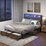 Meitewei Queen Bed Frame with Hidden Storage Headboard and 2 Drawers, LED Bed Frame with Charging Station, Metal Platform Bed Frame, No Box Spring Needed, Vintage Brown Meitewei