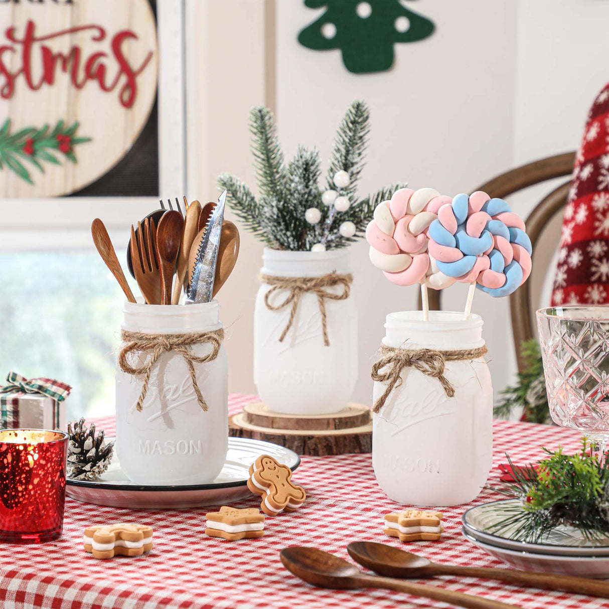 SUPREME LIGHTS ·2017· Christmas Mason Jars, Winter White Mason Jars, Christmas Centerpieces for Home Table Decor, Wood Tray & 3 Decorative Jars, Winter Farmhouse Dining Table Centerpieces Decoration SUPREME LIGHTS ·2017·