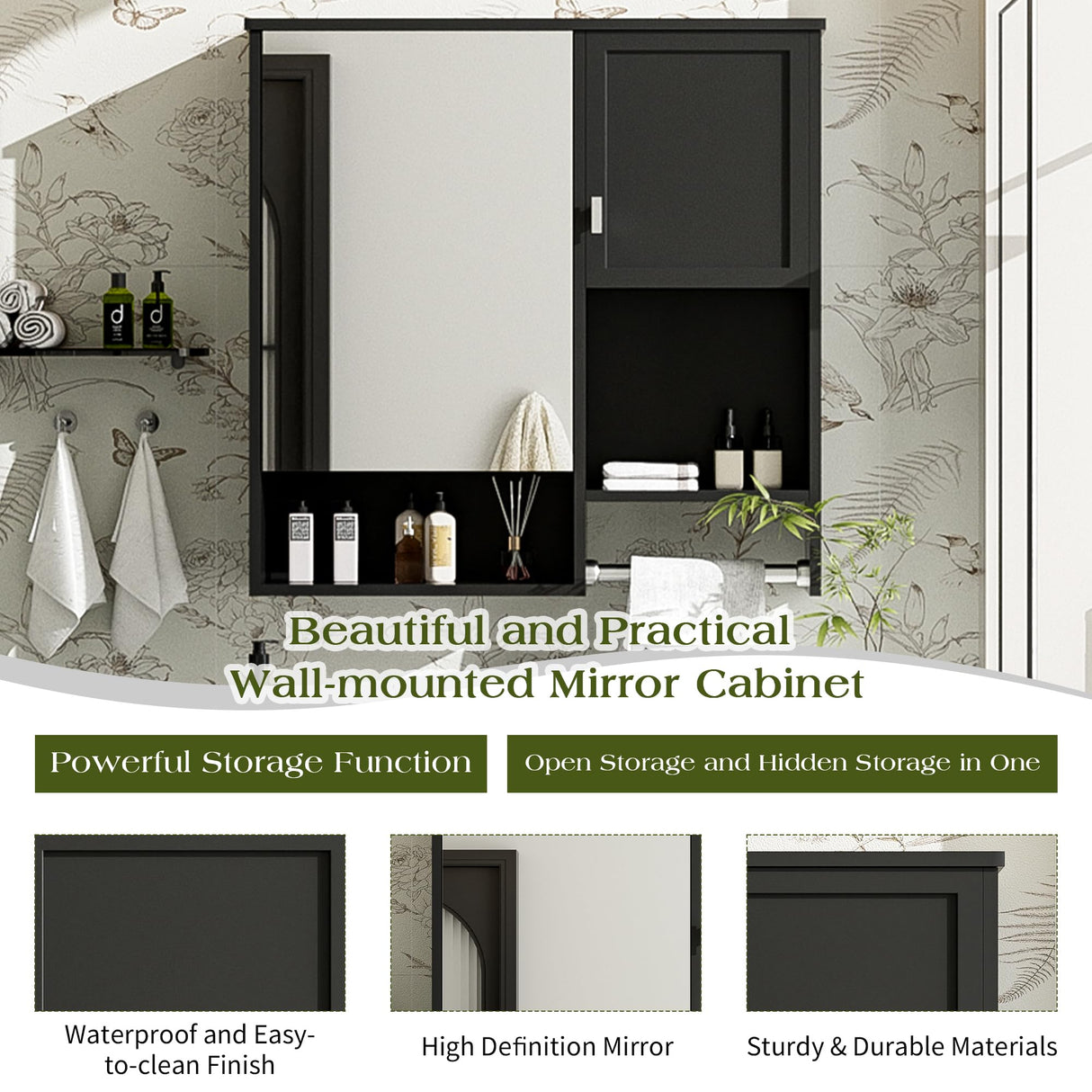 Virubi Modern Bathroom Medicine Cabinet, Bathroom Wall Storage Cabinet with Mirror, Over The Toilet Space Saver Cabinet with Towels Bar (Black) Virubi