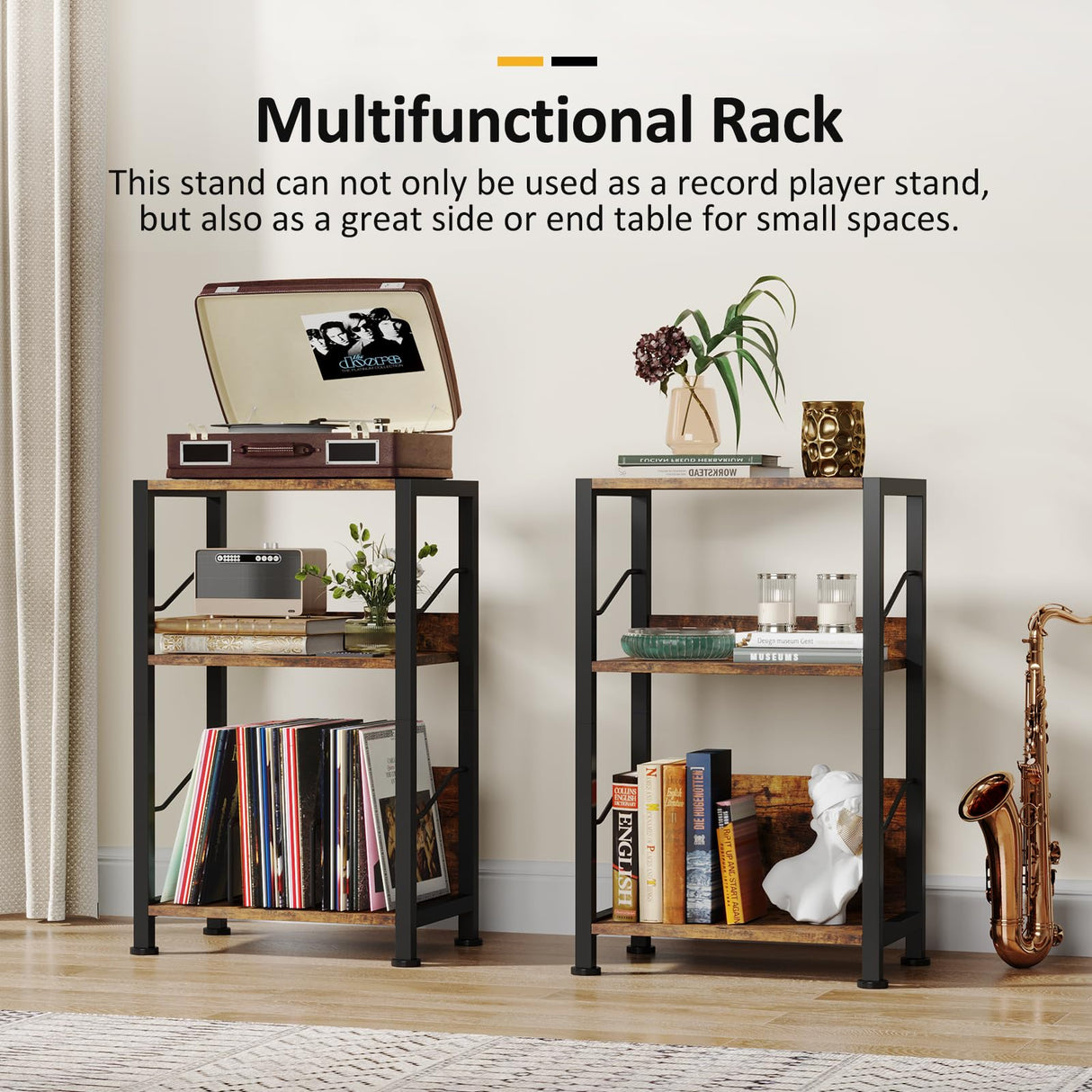 Hosfais 3-Tier Record Player Stand - Retro Vinyl Record Storage End Table Records for Living Room Bedroom (Rustic Brown) Hosfais