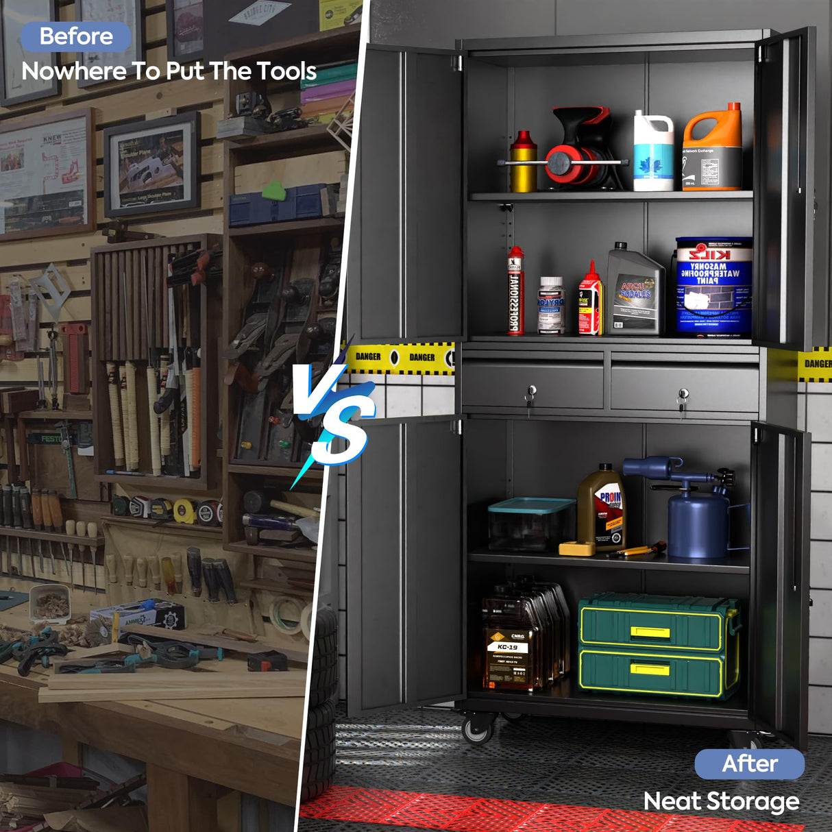 GLADIW Metal Storage Cabinet with Wheels, Steel Storage Cabinet with 2 Drawers and 2 Adjustable Shelves for Homes, Offices, Kitchens, Schools and Pantries GLADIW