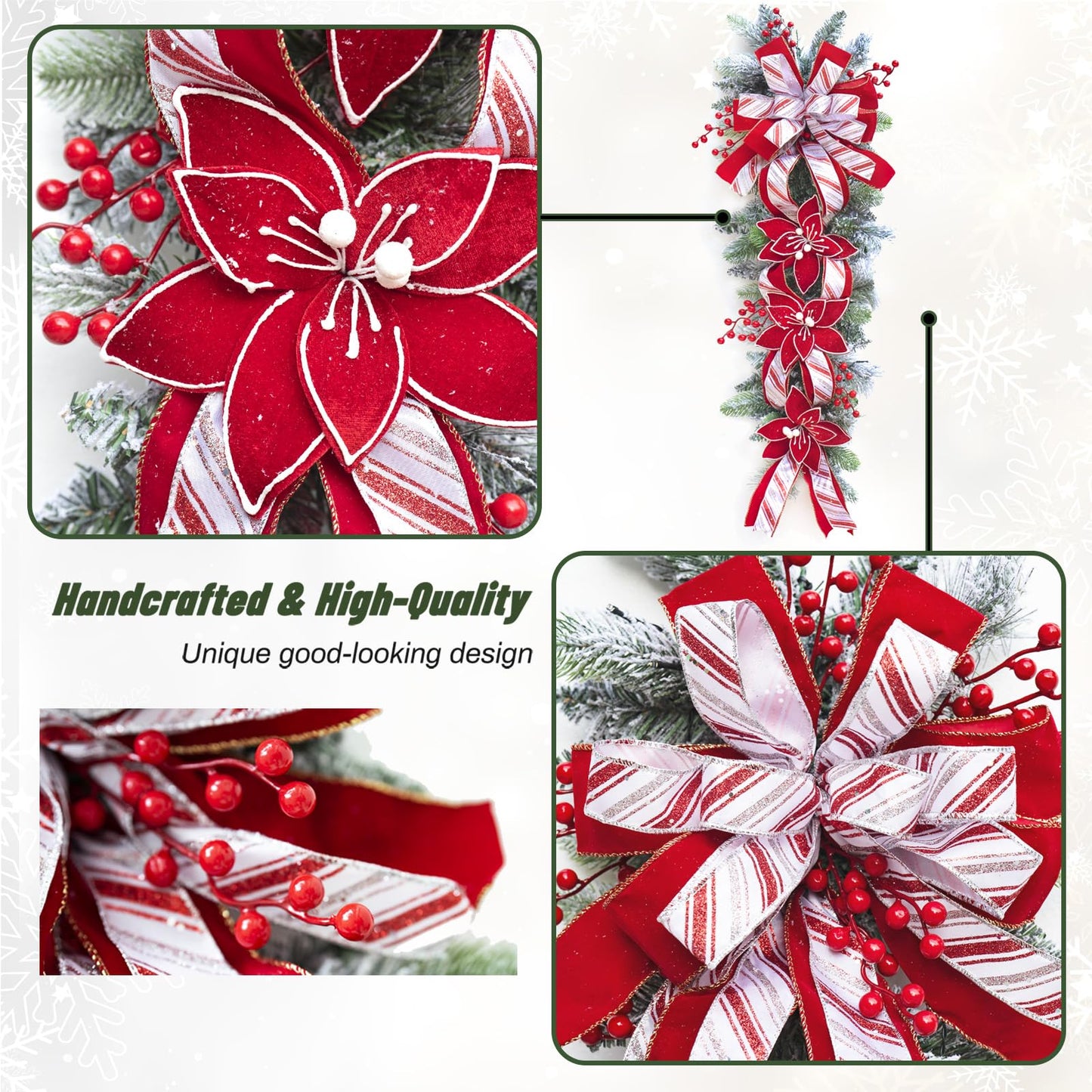 36 Inch Pre-Lit Christmas Teardrop Swag, Soomeir Winter Holiday Swags Wreaths with Red Velvet Glitter Stripe Ribbon, Red Berries for Front Door, Wall Window Fireplace Mailbox Artificial Decor