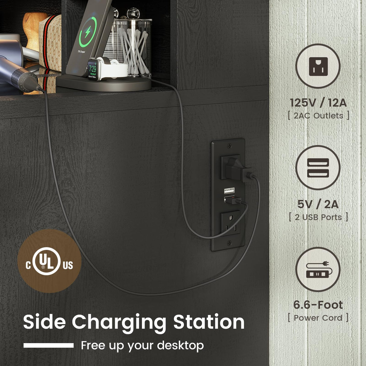 HAUOMS Vanity Desk with Sliding Mirror & LED Lights, Glass Top Farmhouse Makeup Vanity Table with Power Outlet, Rustic Dressing Table, Wood-Grain Black HAUOMS