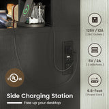 HAUOMS Vanity Desk with Sliding Mirror & LED Lights, Glass Top Farmhouse Makeup Vanity Table with Power Outlet, Rustic Dressing Table, Wood-Grain Black HAUOMS