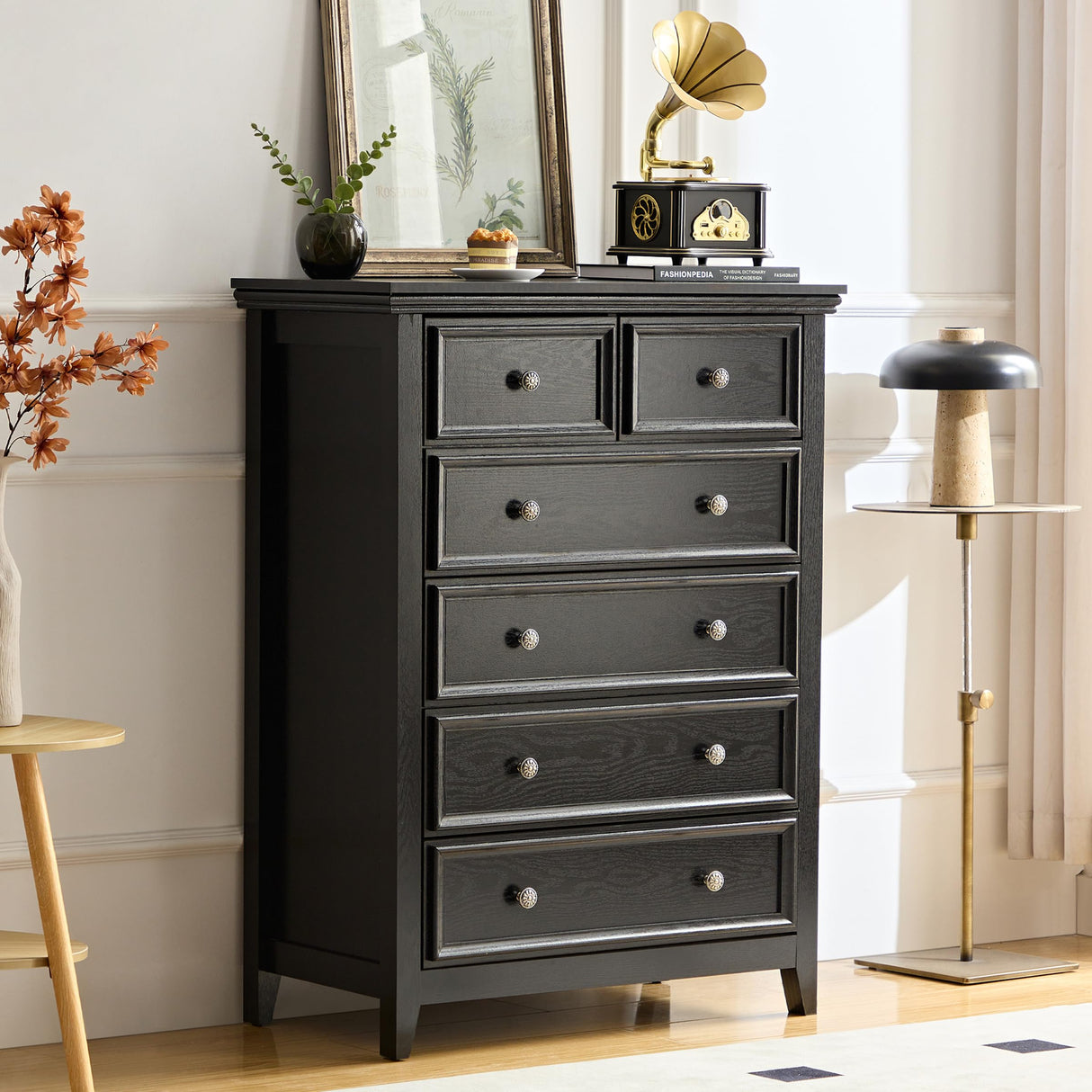 BOSHIRO Black Dresser, 6 Chest of Drawers, Modern Black Dresser for Bedroom, Farmhouse Dresser, Storage Organizer Drawer Cabinet with Wide Drawers for Entryway and Hallway BOSHIRO