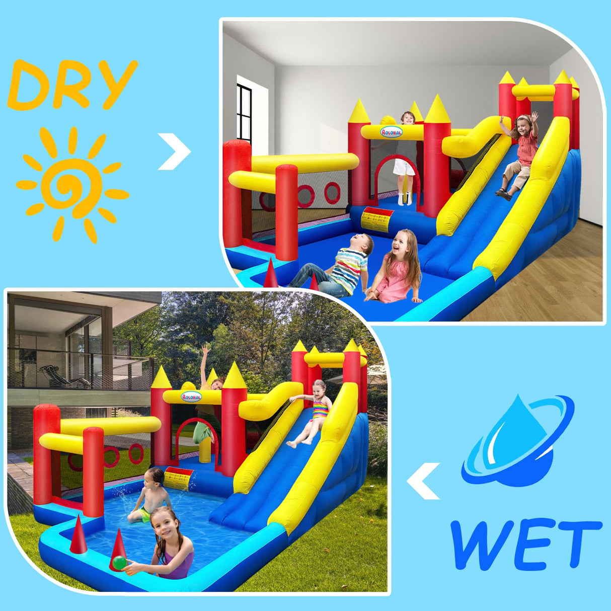 rolonal Bounce House,Inflatable Bouncer with Air Blower for Kids 3-10,Outdoor and Indoor Jumping Castle with Long Slide,Trampoline,Obstacles,Climbing Wall,Ball Pit/Water Pool rolonal
