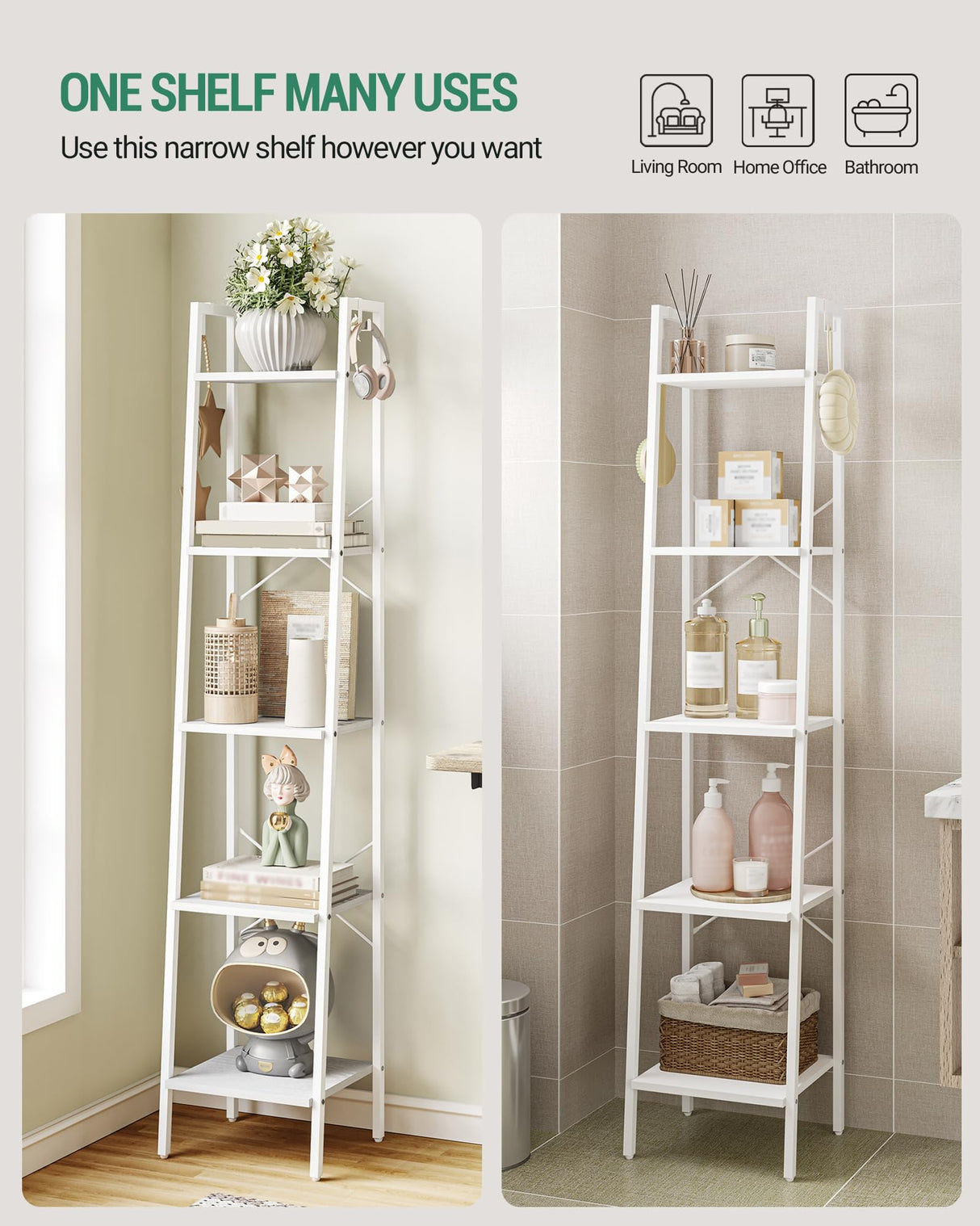 Hzuaneri Ladder Shelf, Bookshelf Bookcase, Freestanding Corner Storage Shelve with 2 Hooks for Home Office, Living Room, Kitchen, Bedroom, Industrial, 5-Tier White BC03213W Hzuaneri