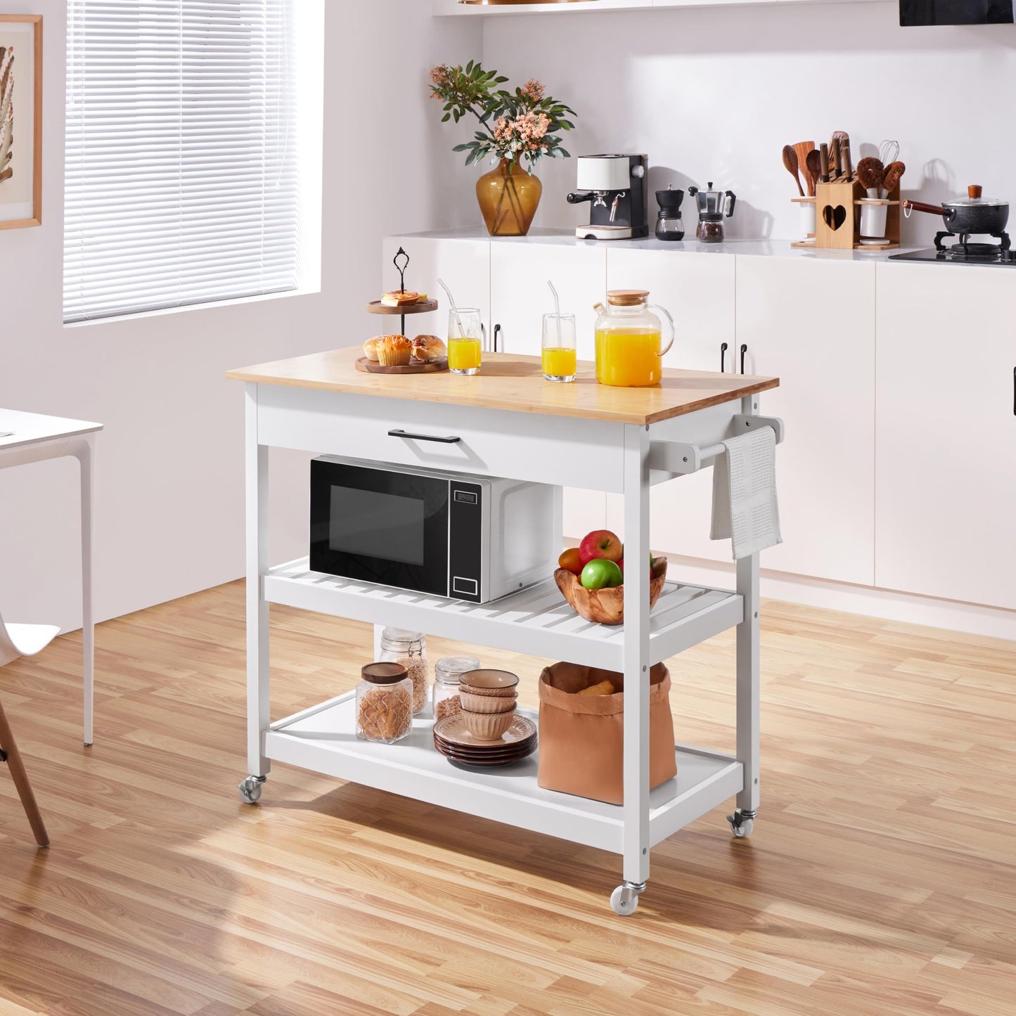 Yaheetech 40" Width Kitchen Island Cart on Wheels, 3 Tiers Rolling Utility Cart with Solid Wood Top and Drawer & 2 Spacious Storage Shelf, Serving Trolley for Dining Room, White - WoodArtSupply