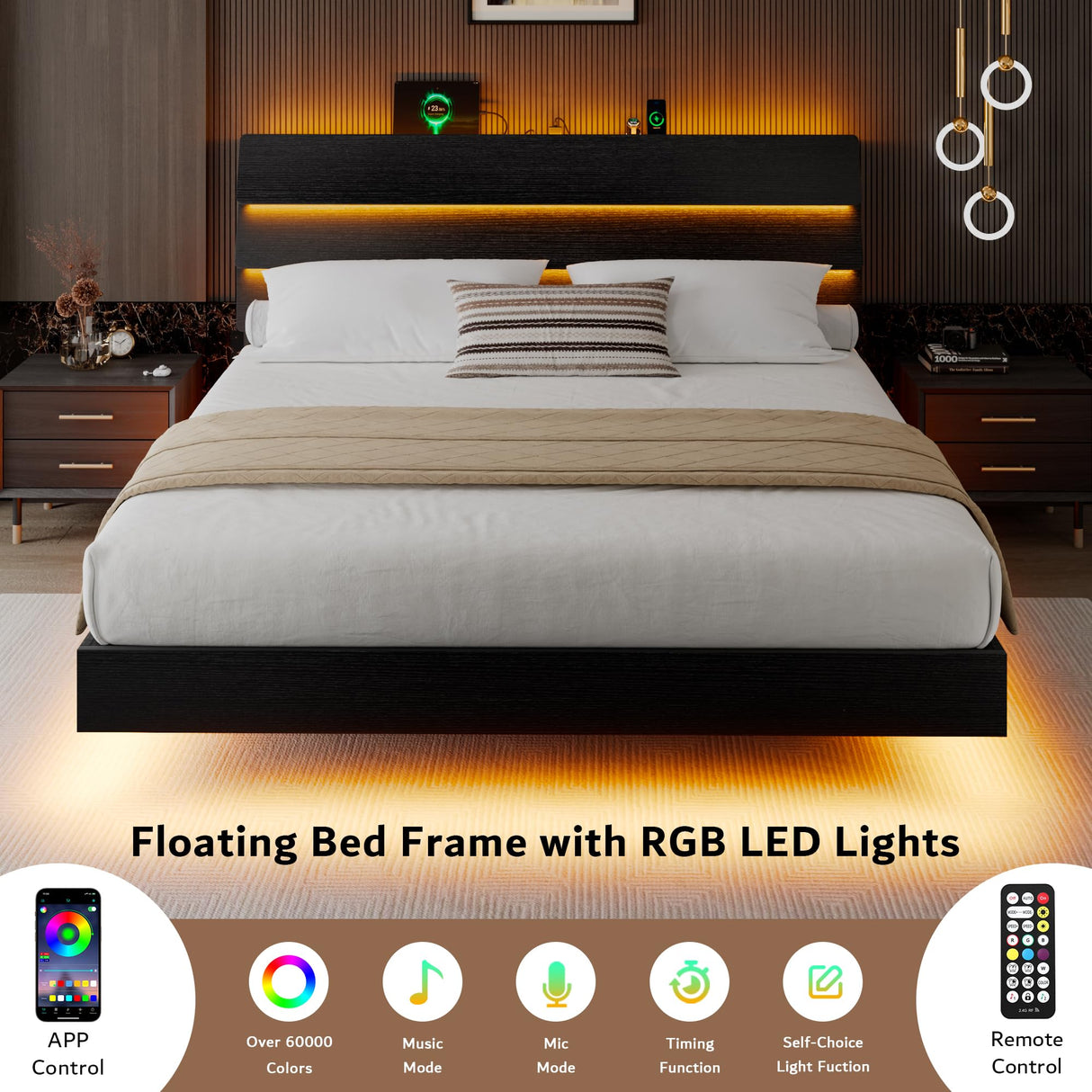 iPormis King Size Floating Bed Frame with LED Lights & Charging Station, Platform Bed with Wooden Storage Headboard, Steel Slats Support, No Box Spring Needed, Easy Assembly, Noise-Free, Black iPormis