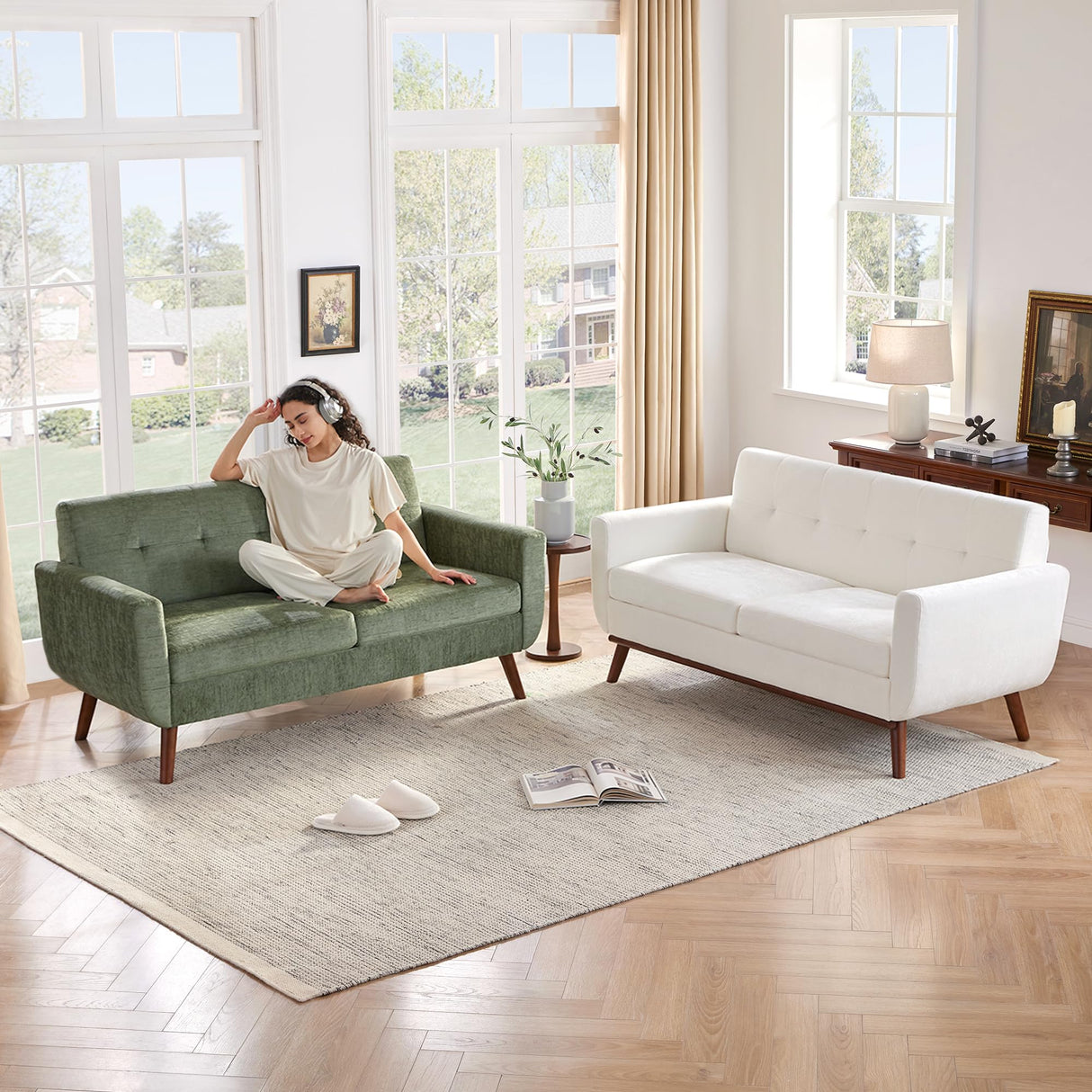 Tbfit 65" W Loveseat Sofa, Mid Century Modern Couches Love Seats for Living Room, Button Tufted Upholstered Small Couch for Bedroom, Solid and Easy to Install Love Seats Furniture, Green Tbfit