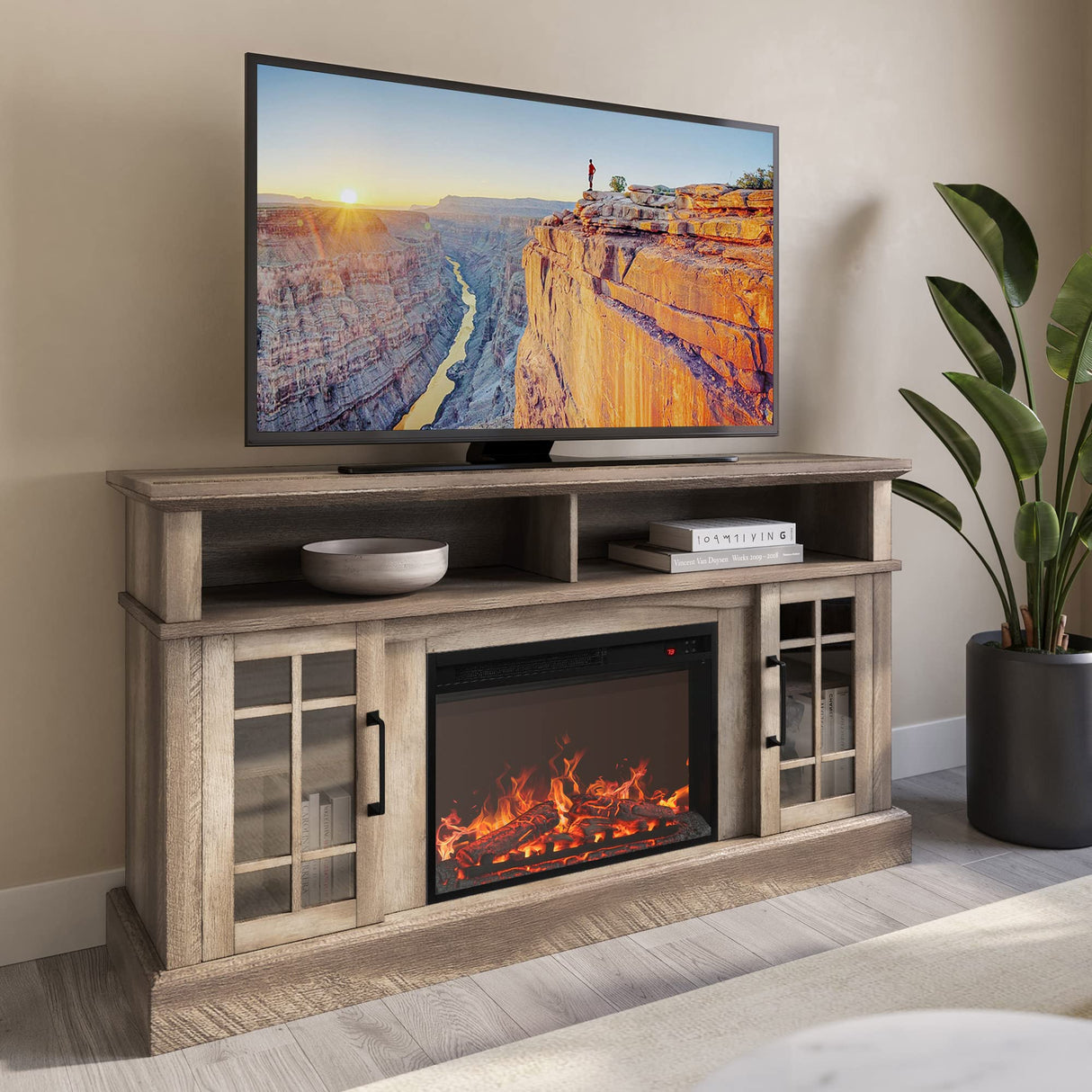 BELLEZE Traditional 58" Rustic TV Stand with 23" Electric Fireplace Heater with Sound, Media Entertainment Center Console Table for TV up to 65" with Open Storage Shelves and Cabinets - Ashland Pine BELLEZE