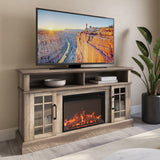 BELLEZE Traditional 58" Rustic TV Stand with 23" Electric Fireplace Heater with Sound, Media Entertainment Center Console Table for TV up to 65" with Open Storage Shelves and Cabinets - Ashland Pine BELLEZE