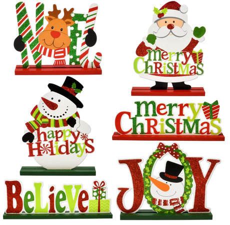 Gift Boutique 6 Christmas Table Signs Decorations Wooden Centerpiece Tabletop Snowman Wood Desktop Decor for Kitchen Home Xmas Holiday Party Supplies Gift Boutique