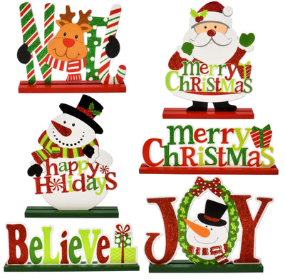 Gift Boutique 6 Christmas Table Signs Decorations Wooden Centerpiece Tabletop Snowman Wood Desktop Decor for Kitchen Home Xmas Holiday Party Supplies