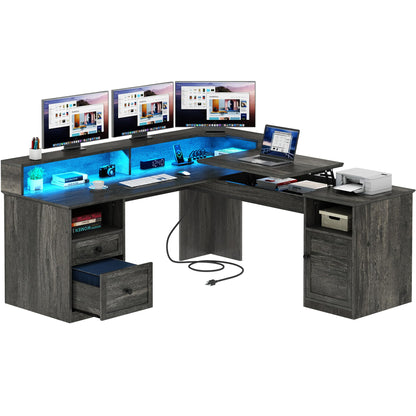 YITAHOME L Shaped Desk with Power Outlets & LED Lights, 60” Computer Desk with Drawers & Lift Top, Home Office Desk with Monitor Stand, Height Adjustable Desk with File Cabinet, Grey - WoodArtSupply