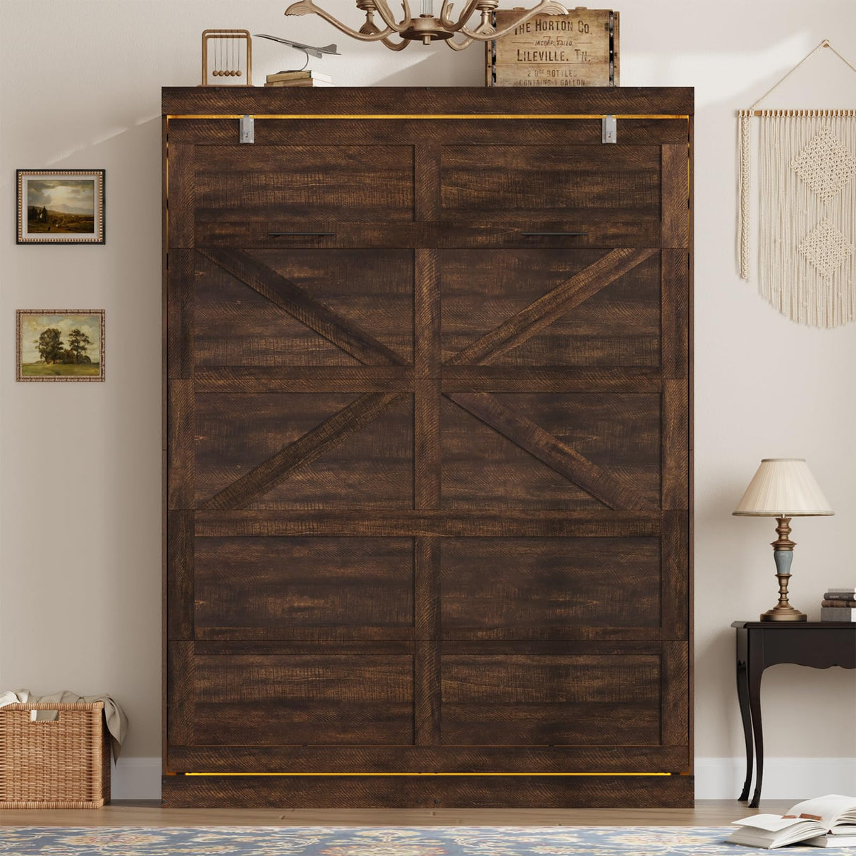 Hlivelood Queen Size Murphy Bed with 2 LED Lights, Farmhouse Wood Hidden Foldable Wall Bed Frame w/Gas Struts, Storage Bed Cabinet for Bedroom, Office, Space-Saving, No Box Spring Needed, Brown Hlivelood