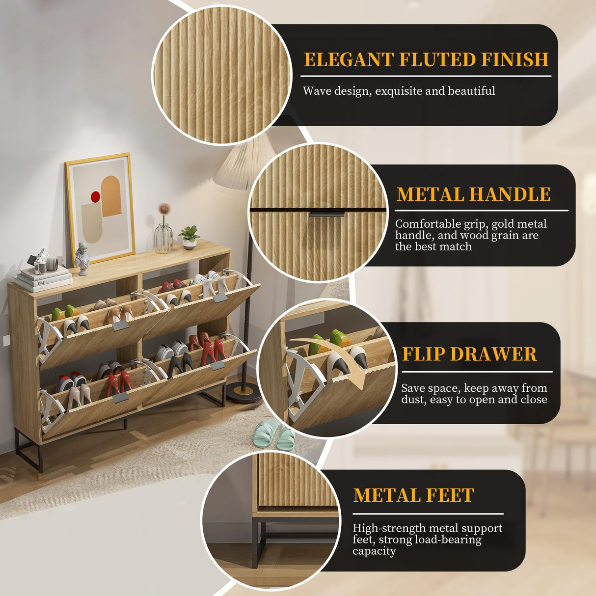 Jluomei Shoe Cabinet Storage for Entryway Slim Modern Shoe Rack Cabinet with 4 Flip Drawers Tipping Wooden Narrow Shoe Cabinet Freestanding Fluted Shoe Organizer for Living Room, Wood Jluomei