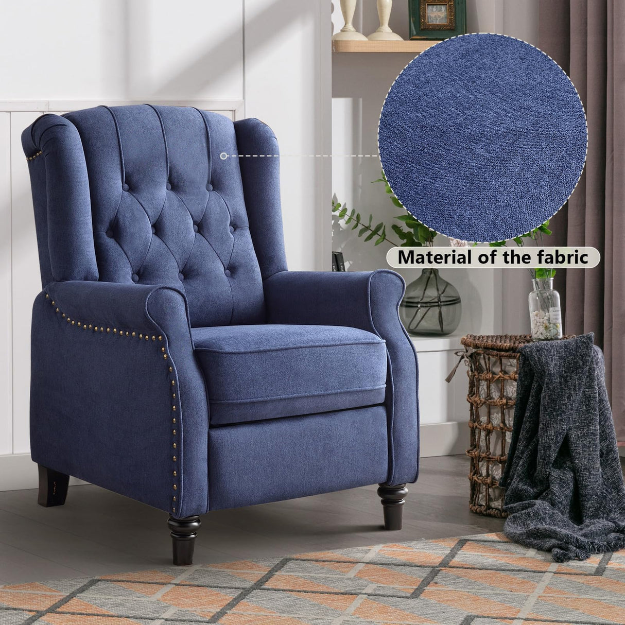 CANMOV Push Back Recliner Chair,Accent Chair, Mid Century Wingback Recliner, Fabric Push Back Recliner Chair Single Armchair Sofa with Rivet Decoration, Button-Tufted Back for Living Room,Dark Blue CANMOV