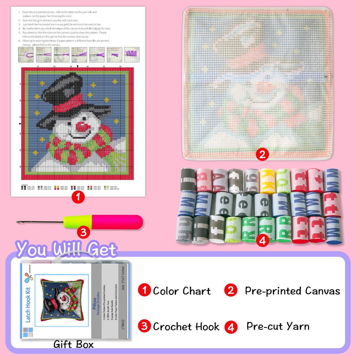 LAPATAIN Latch Hook Kits for DIY Throw Pillow Cover,Snowman Needlework Cushion Cover Hand Craft Crochet for Great Family 17x17inch LAPATAIN