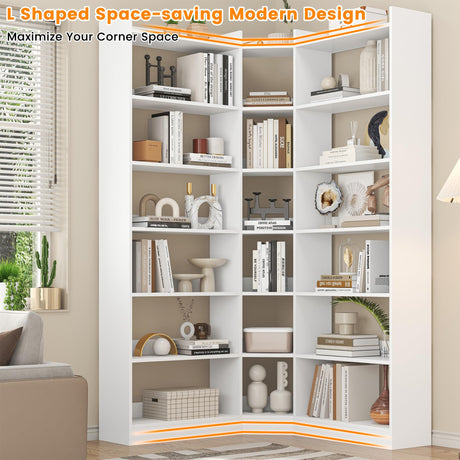 Semoic 70.8" Tall Corner Bookshelf, 7 Tiers Large Etagere Bookcases with Baffles, L-Shaped Modern Storage Display Rack Industrial Bookshelves for Bedroom, Home Office, Living Room & Kitchen, White Semoic