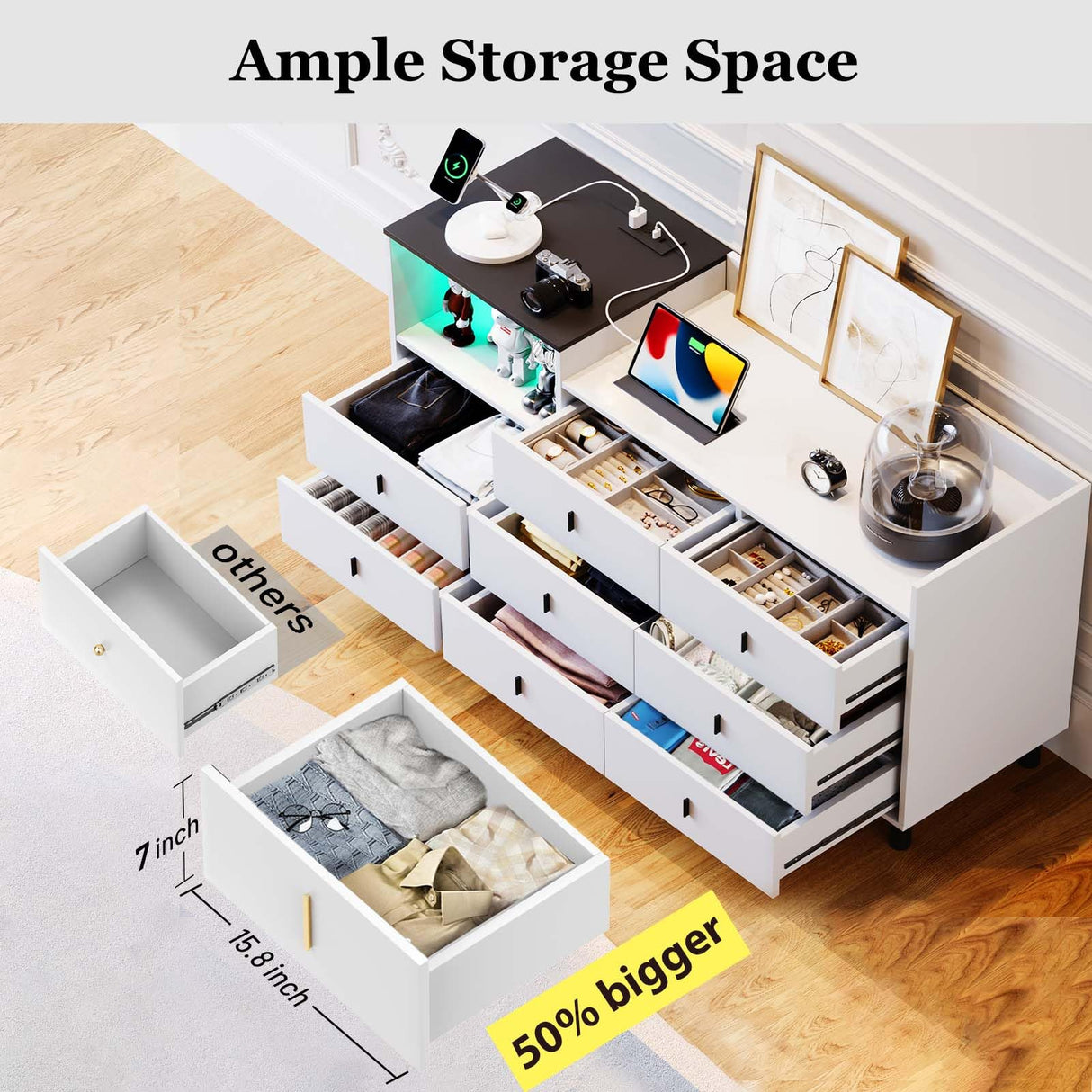 Viplive Dresser, White Dresser for Bedroom, 52 Inch Long Dresser with LED Light, Large Dressers for Bedroom, Modern Wood Dresser & Chests of Drawers, 8 Drawers Dresser for Women Girls Viplive