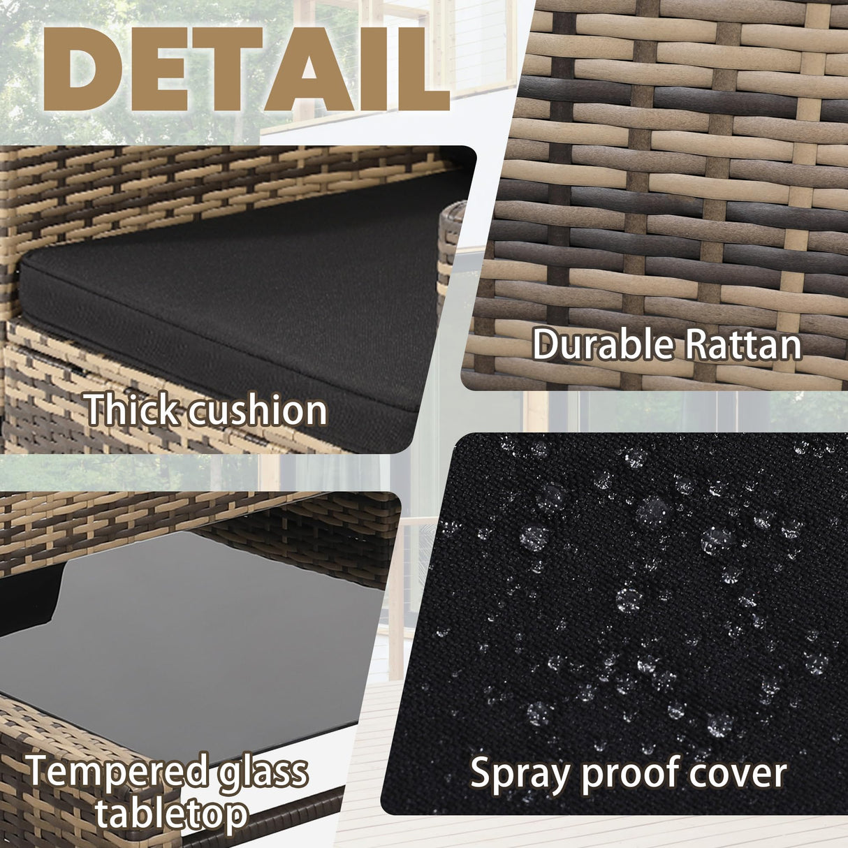 KROFEM 4 Pieces Patio Conversation Set, Outside Rattan Sectional Sofa, Cushioned Furniture Set, Wicker Sofa Ideal for Garden, Porch, Backyard, Natural Color Rattan and Black Cushion KROFEM