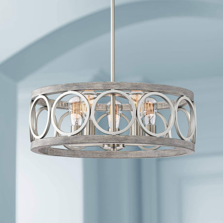Franklin Iron Works Salima Brushed Nickel Gray Wood Pendant Chandelier Lighting 21 1/4" Wide Farmhouse Rustic Openwork LED 5-Light Fixture for Dining Room Living House Foyer Kitchen Island Entryway Franklin Iron Works