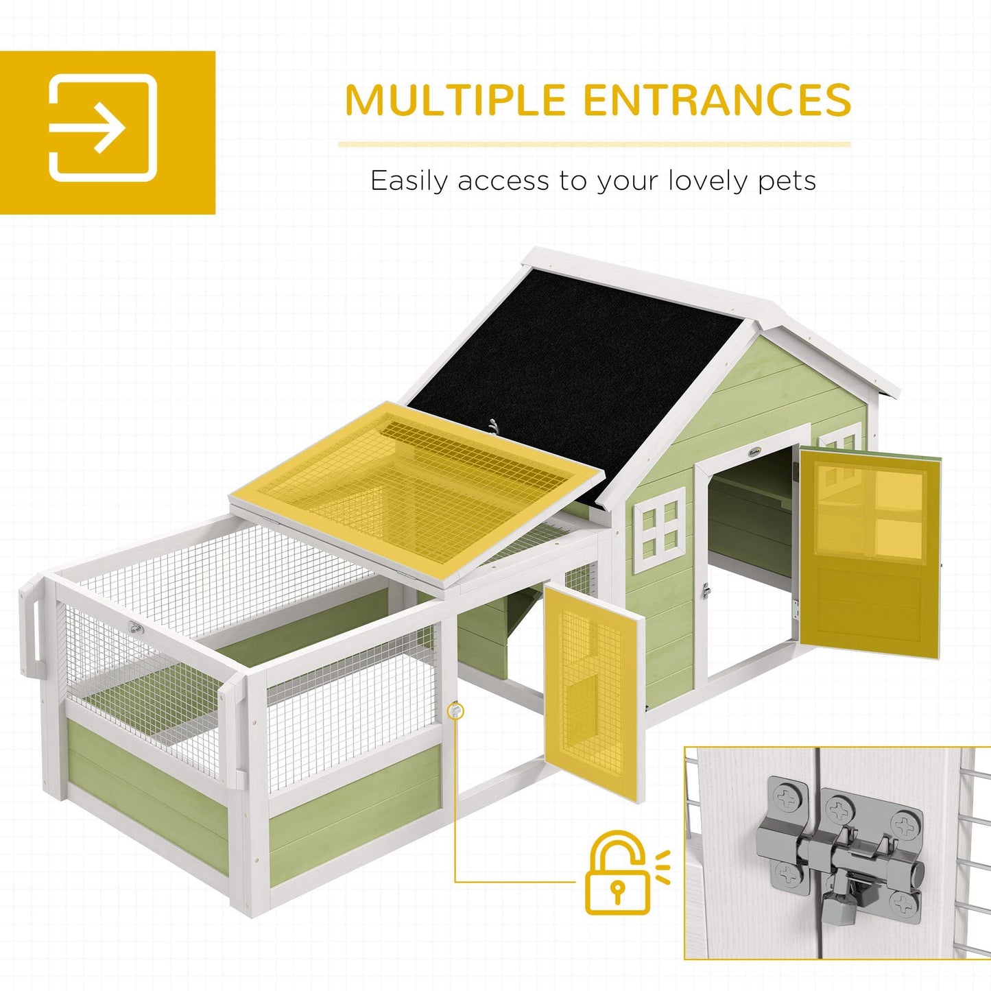 PawHut Rabbit Hutch, Outdoor Rabbit Cage or Guinea Pig Cage with Asphalt Roof, Handle, Wheels, 64 Inch Wooden Bunny Cage for Small Animals, Multicolor