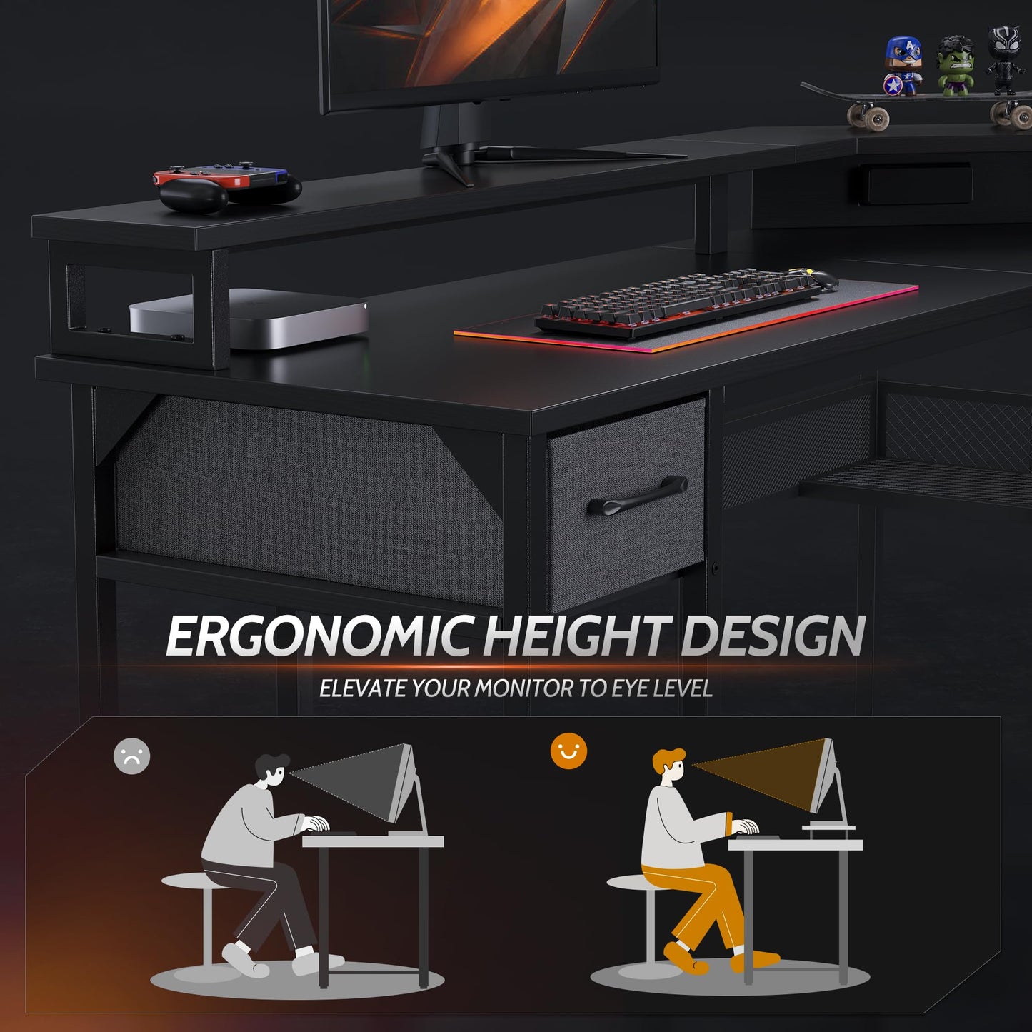 CubiCubi 58" L Shaped Gaming Desk with RGB LED Lights, Power Outlets & Storage Solutions - Black - WoodArtSupply