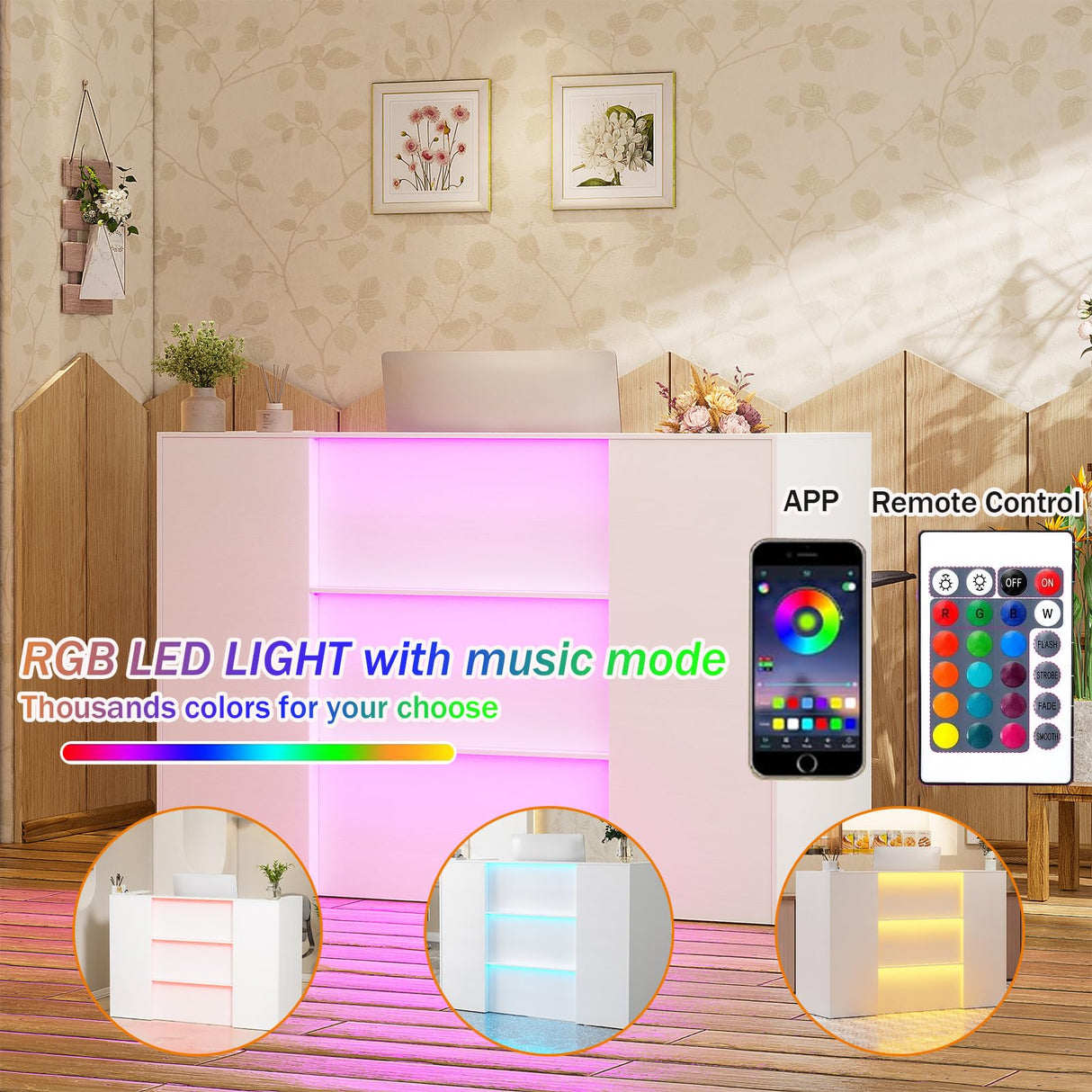 PAKASEPT Modern Reception Desk with LED Lights, 63 Inches Front Counter Table with Lockable Drawer & Shelves, Checkout Counter for Reception Room, Lobby, Beauty Salon, Retail,Office PAKASEPT