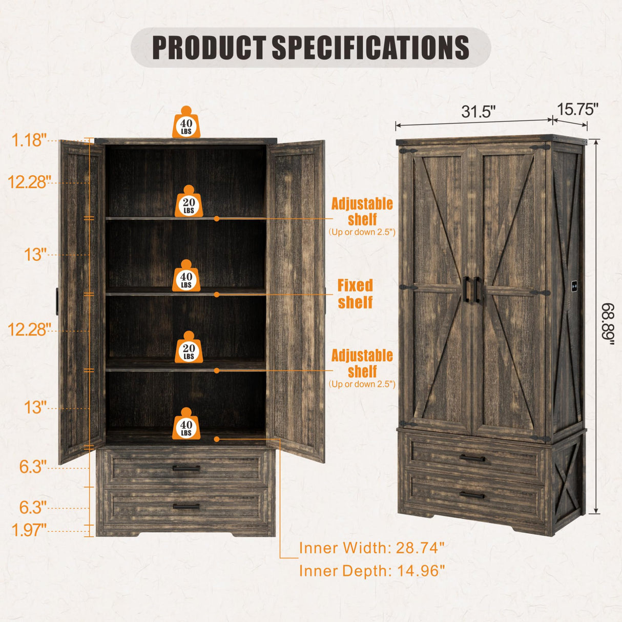 GlasFlength Pantry Adjustable Shelves Tall Farmhouse Storage Cabinet with 2 Drawers&Doors, 69" Rustic Wood Cupboard with LED Light, Brown GlasFlength