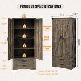 GlasFlength Pantry Adjustable Shelves Tall Farmhouse Storage Cabinet with 2 Drawers&Doors, 69" Rustic Wood Cupboard with LED Light, Brown GlasFlength