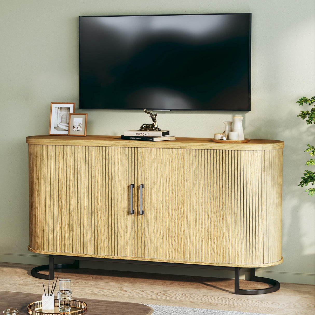 HUAHUU Sideboard Buffet Cabinet with Storage, 54.3" Fluted Tambour, Adjustable Shelves, Mid Century Modern Console for Living Room Kitchen HUAHUU