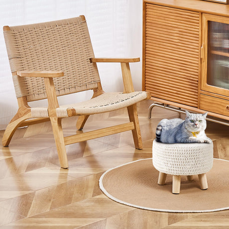 Wimarsbon Pouf Ottoman, 100% Cotton Knitted Boho Footstool, Round Footrest with Non-Skid Wood Legs, Home Décor Handmade Pouffe, Leisure Floor Step Stool for Living Room (Beige) Wimarsbon