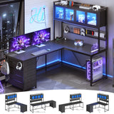 SEDETA L Shaped Gaming Desk with Drawers, L Shaped Computer Desk with Hutch and Storage Shelves, Gaming Desk with Pegboard, Led Lights, and Power Outlet, Home Office Desk, Corner Desk, Black SEDETA