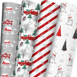 Cuitpan White Christmas Wrapping Paper Bundle for Kids Adults - Reindeer, Stripes, Woodlands, Snowflake, Red Truck Winter Scene Designs - 28 x 40 Inches, 6 Jumbo Sheets, Recycled Cuitpan