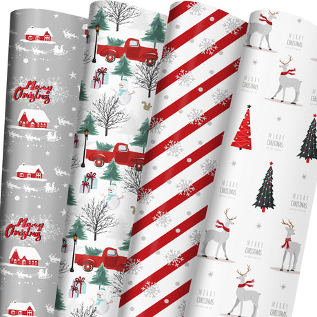 Cuitpan White Christmas Wrapping Paper Bundle for Kids Adults - Reindeer, Stripes, Woodlands, Snowflake, Red Truck Winter Scene Designs - 28 x 40 Inches, 6 Jumbo Sheets, Recycled Cuitpan