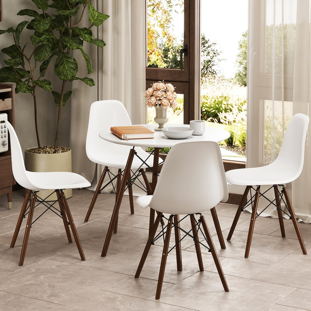Giantex Round Dining Table Set for 4, 5-Piece Breakfast Nook Table Set w/ 31.5" Dinner Table, Dining Chairs, Wood Legs, Dinette Set, Kitchen Table Chairs Set for Living Room Restaurant (White+Walnut) Giantex