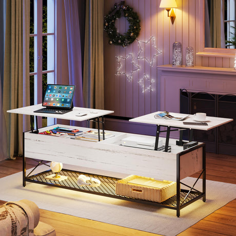Lvifur LED Lift Top Coffee Table with Lights, 44” Coffee Tables with Storage and Power Outlets, Auto Sensor Wooden Center Table for Living Room (White) Lvifur