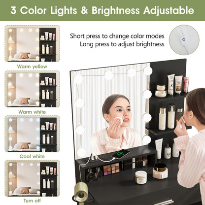 Vabches Makeup Vanity Table with Lighted Mirror & Power Strip, Vanity Set with Drawer Lots Storage, 3 Lighting Modes, Brightness Adjustable, 31.45 * 15.75 * 57.7in, Black