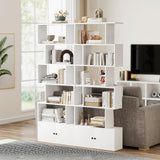 SILKYDRY 6-Tier Geometric Bookcase with Cabinet, 72 Inch Freestanding Room Divider Bookshelf, S-Shaped Open Display Book Shelf for Bedroom, Modern Bookcases with Doors and Shelves (2, White) SILKYDRY