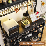 Itaar Bakers Rack with Power Outlet, 6-Tier Coffee Bar, Microwave Stand with Wine Rack, LED Lights and 10 Hooks, Bakers Racks for Kitchens with Storage, Black Itaar