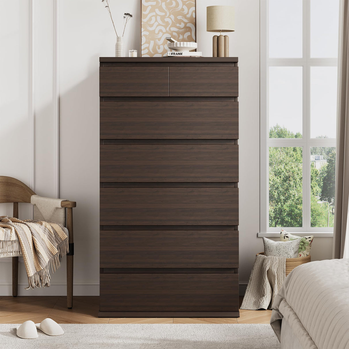 Brown Tall 7 Drawer Dresser for Bedroom, Modern Wood Closet Dressers & Chests of Drawers with Jewelry Storage, 23.6" L*15.8" W*47.5" H in Large Vertical Dresser for Bedroom, Living Room, Nursery Jocoevol