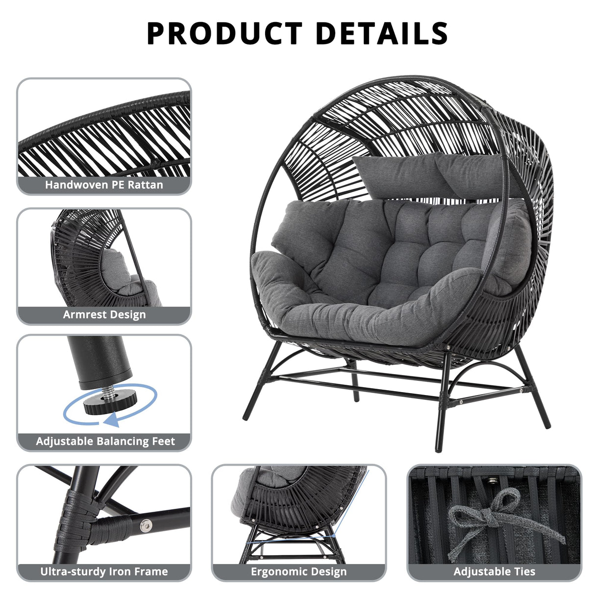 IRONCK 2 Person Egg Chair Outdoor Indoor, Oversized Double Wicker Lounge Chair, Thickened Padded Cushions and Headrests, 680Lbs Egg Loveseat for Patio, Balcony, Living Room, Porch, Gray IRONCK