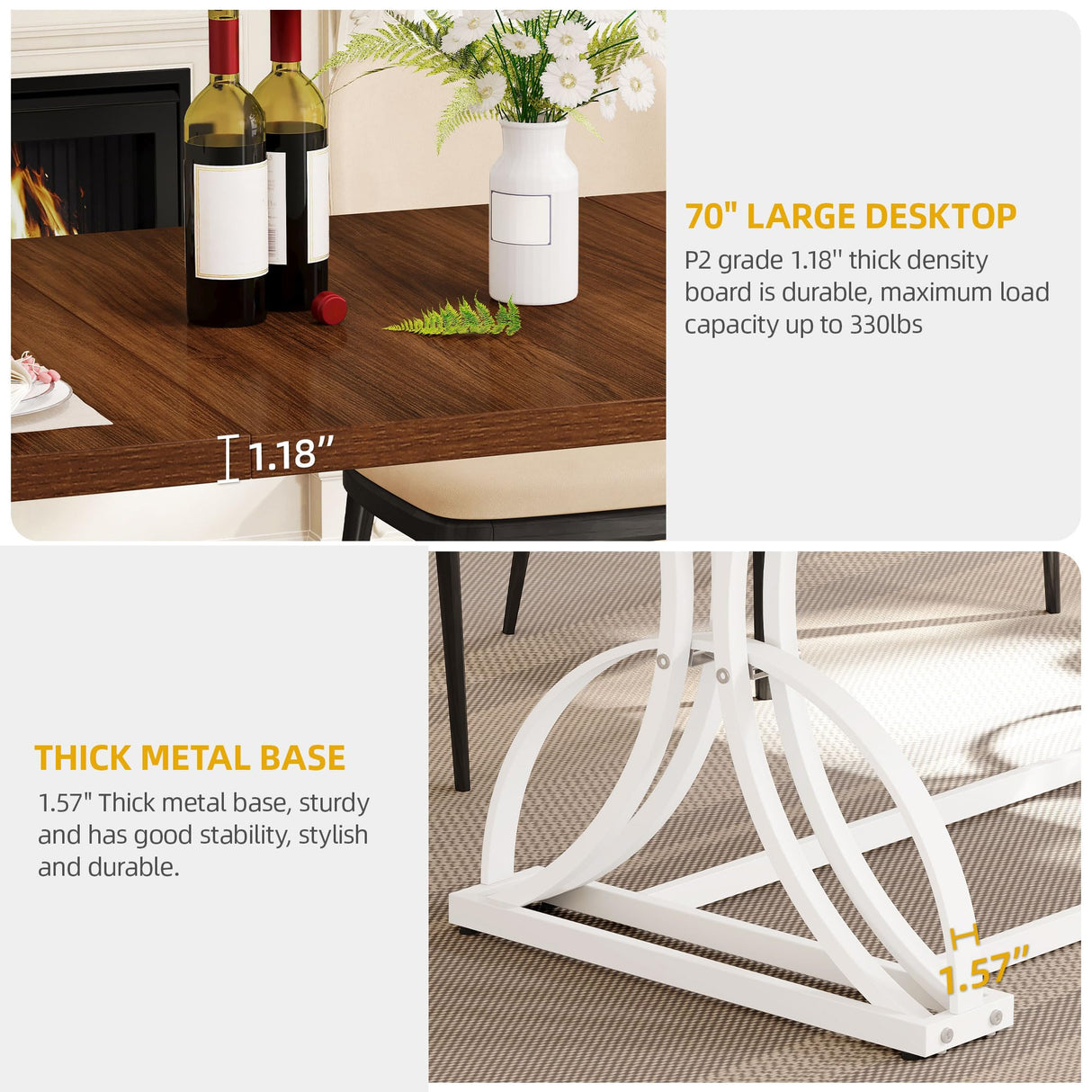 DWVO 70.3" Large Modern Dining Table for 6-8 People, Rectangular Walnut Kitchen Dining Room Table with Thick Tabletop and White Geometric Metal Legs, Farmhouse Wood Dinner Tables DWVO